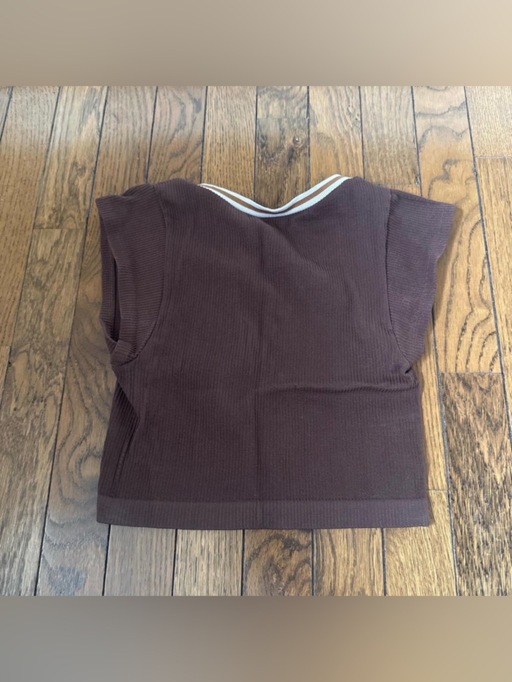Brown Ribbed Short Sleeve Henley Top - Women - Picture 2 of 2